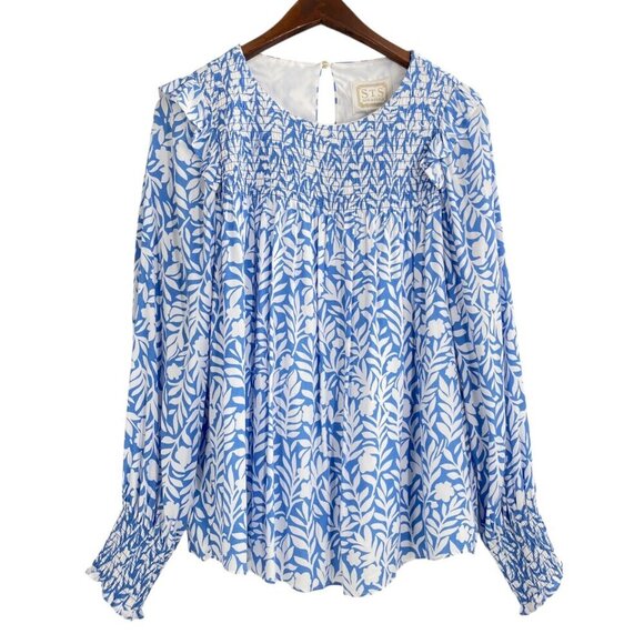 STS Sail to Sable Smocked Ruffle Blue White Top Womens Size Small Feminine - Picture 2 of 8